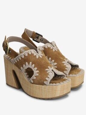 Mou 100mm Raffia Platform Suede Sandals Brown Size 41 / US 10